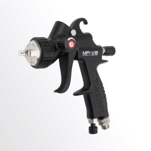 Limited Edition MP-V8 STEALTH HVLP Spray Gun by Fuji Spray® featuring advanced Mid-Pressure technology and a side-mounted fan pattern control for precise clear coat application.